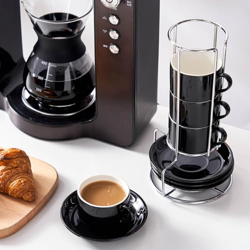 2.5 Ounce Stackable Espresso Cups with Saucers and Metal Stand (4 Count)