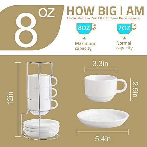 Sweejar Porcelain Cappuccino Cups with Saucers and Metal Stand (4 Count)