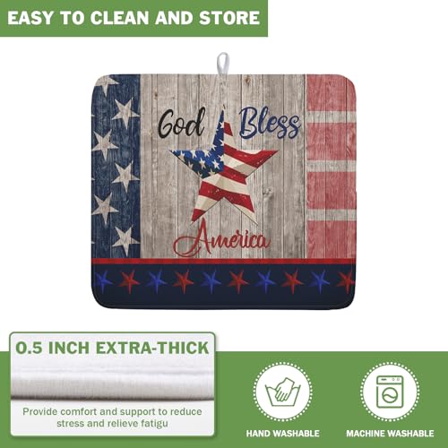 4th of July Dish Drying Mat 16x18 Inch Patriotic God Bless America Memorial Kitchen Mats Independence Day Absorbent Dishes Pad for Kitchen Counter USA Star Drying Mat Home Decor for Countertop