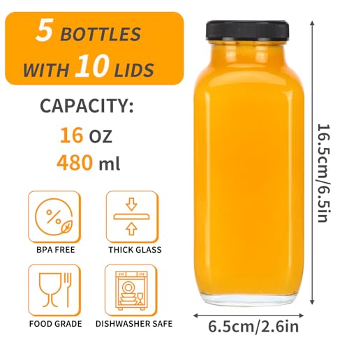 5pcs 16oz Glass Juice Bottles with Lids (5 Count)