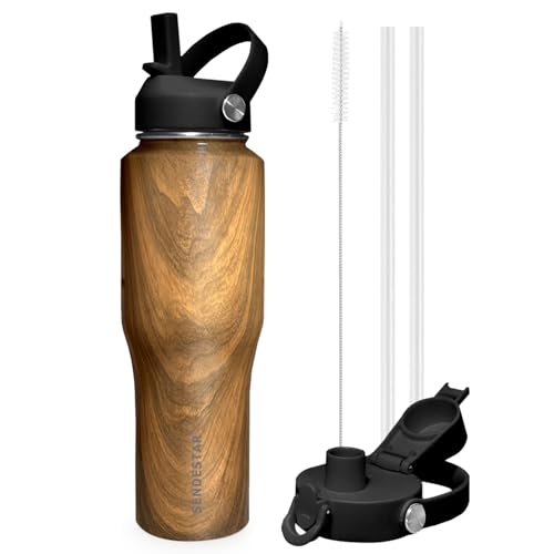 32oz Water Bottle Wide Mouth Stainless Steel Vacuum Insulated Double Wall with 2 Straw Lids Fit in Any Car Cup Holder