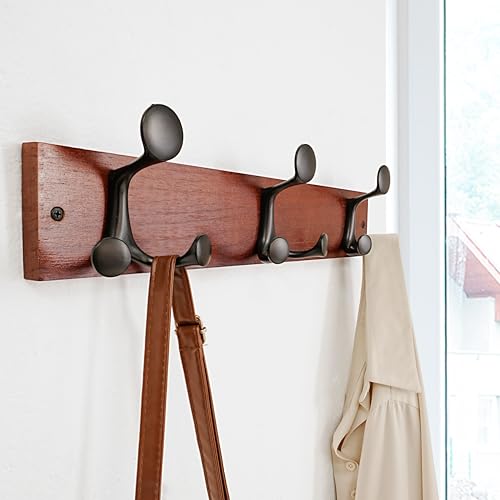 17 Inch Cherry Wood Coat Rack Wall Mount with 3 Triple Hooks