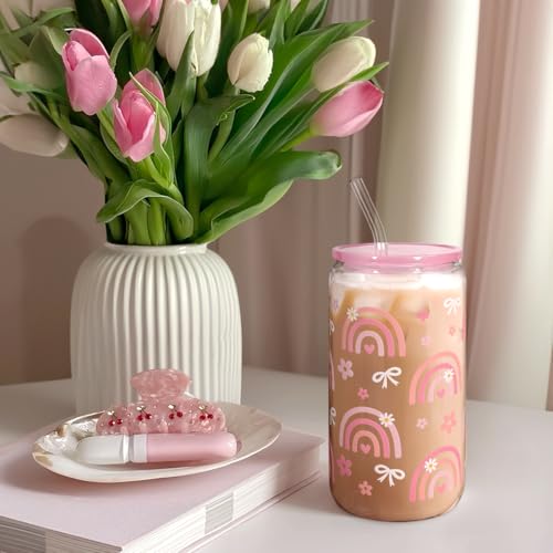 Rainbow 16oz Can Glass Tumbler with Acrylic Lid & Straw