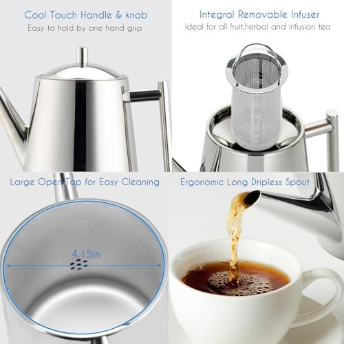 Stainless Steel Double Wall 34 oz Tea Pot with Removable Tea Infuser