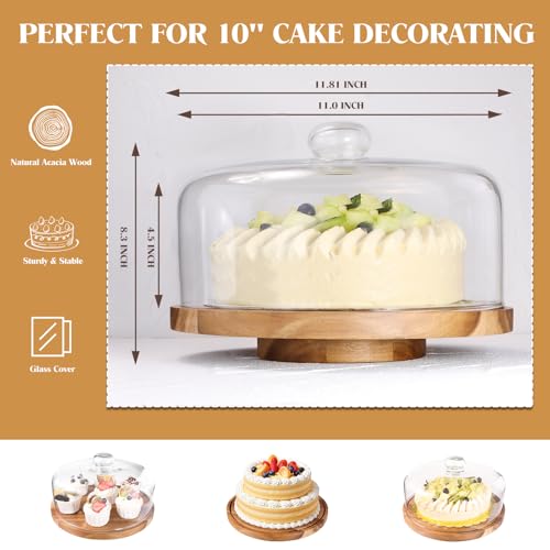 12" Rotating Acacia Wood Cake Stand with Glass Lid