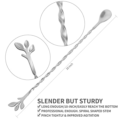 Silver 10 Inch Stainless Steel Cocktail Spoon with Leaf Handle