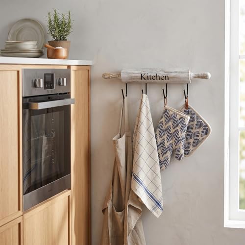 White Washed Wood Kitchen Utensil Rack with 4 Hooks