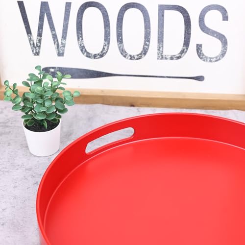Round Red Decorative Serving Tray with Handles