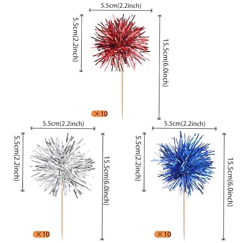 30 PCS Foil Firework Cupcake Toppers Sparkle Tinsel Cupcakae Picks 4th of July Decorations Cocktail Fruit Toothpick for Fireworks Theme Birthday Wedding Graduation Party Decor Supplies Blue Red Silver (30 Count)