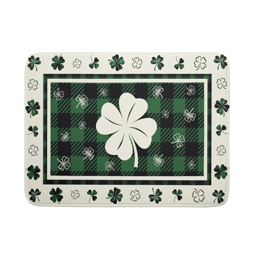Patrick Clovers Dish Drying Mat 18"x24" Lucky Shamrock Spring Leaf Dish Drainer Mats Green Black Buffalo Plaids Absorbent Microfiber Dish Drying Pad for Kitchen Countertop Large Decor