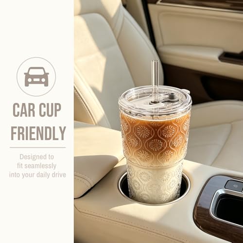 20oz Begonia Flower Glass Tumbler with Bamboo Lid and Straw