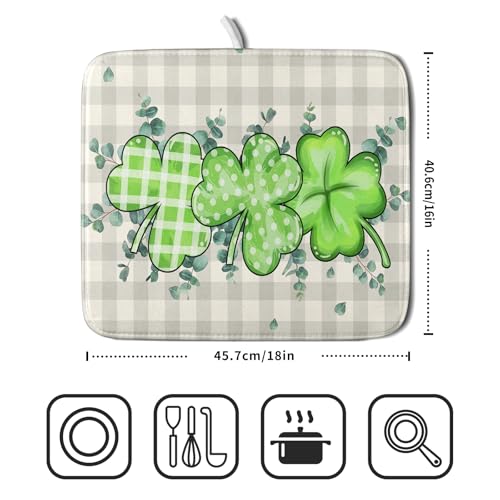 Patrick Dish Drying Mat for Kitchen Green Clovers Grey Buffalo Plaids Dish Drainer Mats 16x18inch Spring Leaf Dish Drying Rack Pad Protector for Countertop Dining Holiday Decor