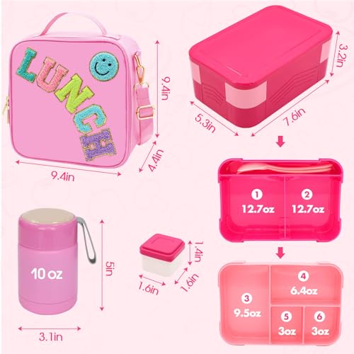 Pink Lunch Box for Girl with 10oz Thermo 6 Compartment Bento Set