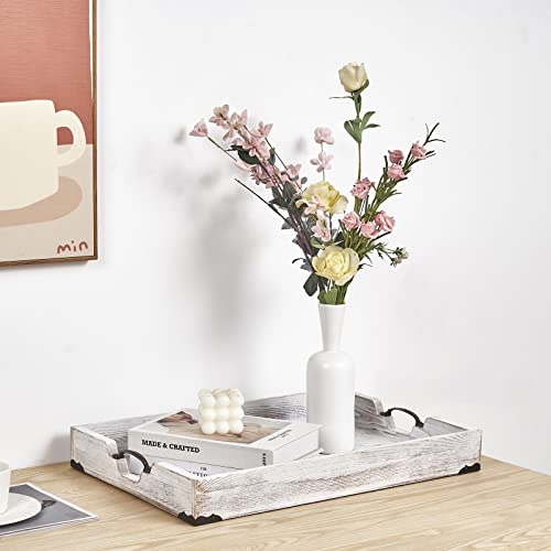 Large Wood Rectangular Serving Tray 20 x 14 Inch Rustic Wooden Ottoman Tray with Metal Handle and Wrapped Corners
