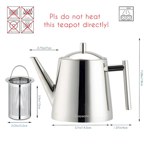 Stainless Steel Double Wall 34 oz Tea Pot with Removable Tea Infuser