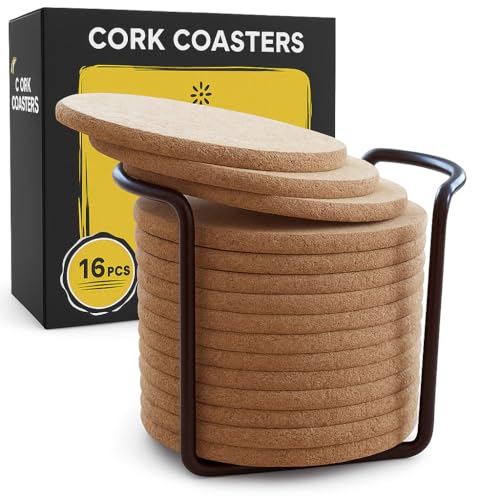 Cork Coasters for Drinks with Metal Holder (16 Count)
