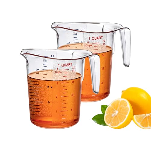 Melissa - 32-Ounce Plastic Measuring Pitcher (2-Pack), 4-Cup (1-Quart) Food-Grade Measuring Jug, Unbreakable, Stackable, Dishwasher-Safe, Great for Oil, Vinegar, Flour, and More