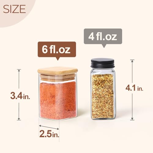 Glass Spice Jars with Labels 6 oz 6 Pack Small Square Bamboo Lids (6 Count)