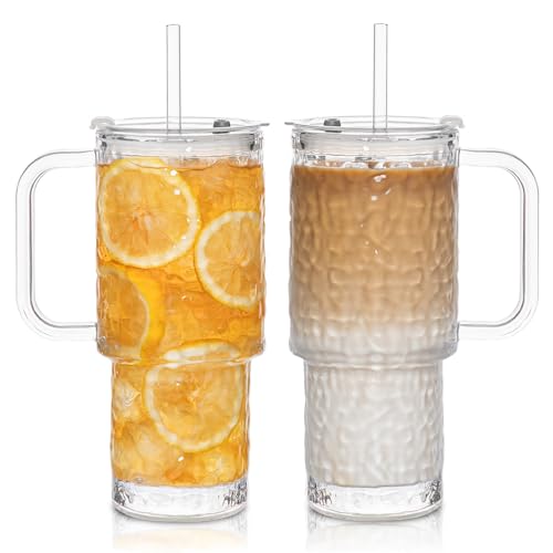 24 oz Water Ripple Glass Tumbler with Handle and Lid
