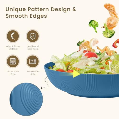 Salad Bowls 65 OZ Large Serving Bowls 10 inch Wheat Straw Big Bowl Set of 6 Plastic Bowls Wide and Shallow Bowl for Kitchen Microwave & Dishwasher Safe