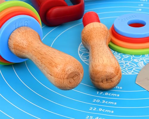 Rolling Pin with 4 Adjustable Thickness Rings and Long Handle 13.6 Inch Wooden Dough Roller for Baking