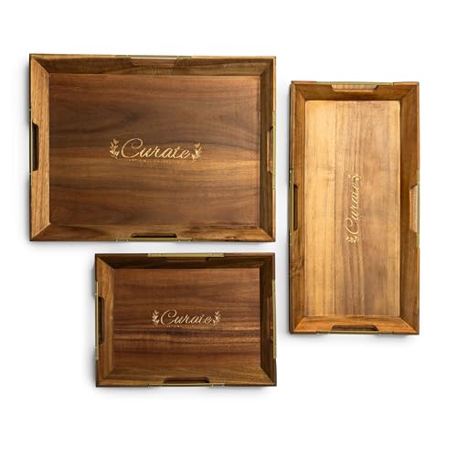 Curate Acacia Wood Serving Tray with Handles for Coffee Table