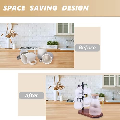 Mug Tree for Large Mugs With 6 Hooks and Coffee Pot Tray