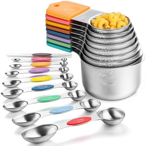 Magnetic Measuring Cups and Spoons Set of 17 Stainless Steel Measuring Cups & Double Sided Magnetic Measuring Spoons with 1 Leveler for Dry and Liquid Ingredients (17 Count)