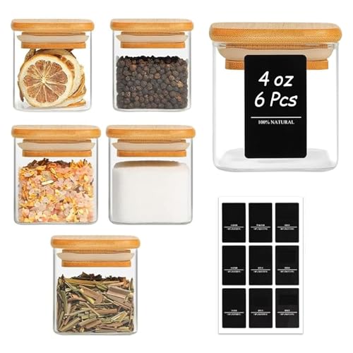Square Glass Spice Jars with Labels 4 oz 6 Pack with Bamboo Lids (6 Count)