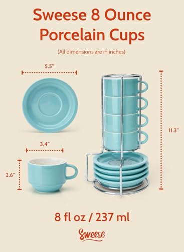 8 Ounce Porcelain Stackable Cappuccino Cups with Saucers and Metal Stand