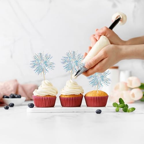 30Pcs Foil Firework Cupcake Toppers Sparkle Tinsel Cake Toppers Tinsel Drink Cake Decoration Cocktail Picks for Birthday Wedding Graduation Party Supplies Laser White (30 Count)