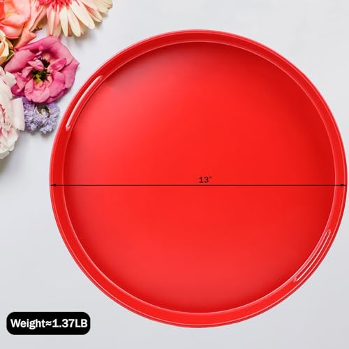 Round Red Decorative Serving Tray with Handles