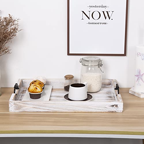 Rustic Vintage Big Wood Food Breakfast Serving Trays with Cutout Metal Handles