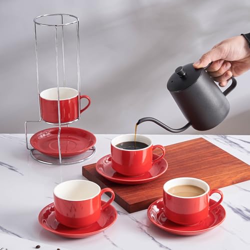 8 Ounce Stackable Cappuccino Cups with Saucers and Metal Stand (4 Count)