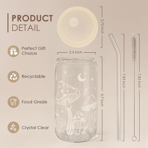 Mushroom 16oz Can Glass Tumbler with Acrylic Lid & Straw