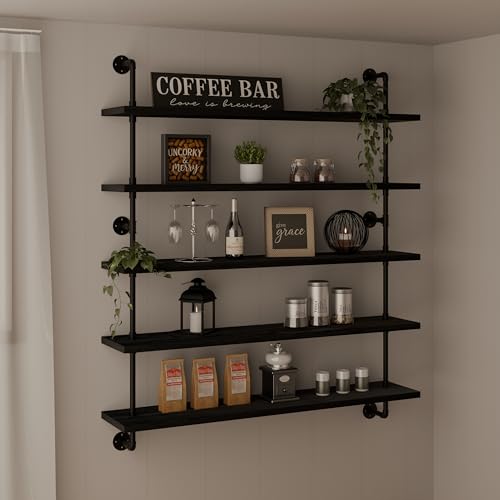 Floating Shelves for Wall Bookshelf Industrial Pipe Shelving Shelves 48 Inch 5 Tier Natural Wood Planks Rustic Wall Shelves Hanging Bookshelves Farmhouse Kitchen Shelving Black