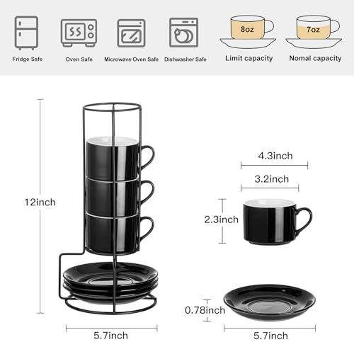 8 OZ Porcelain Stackable Cappuccino Cups and Metal Stand Set of 4 (4 Count)