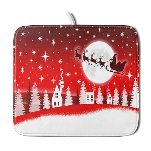 Christmas Reindeer Moon Star Red Dish Drying Mat for Kitchen Counter
