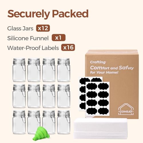 Square Glass Spice Jars 8 oz 12 Pack with Labels and Funnel Set (12 Count)