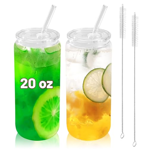 2pcs Glass Cups with Acrylic Lids and Straws 20 oz Drinking Glasses (2 Count)