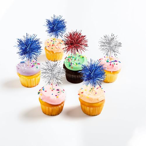 30 PCS Foil Firework Cupcake Toppers Sparkle Tinsel Cupcakae Picks 4th of July Decorations Cocktail Fruit Toothpick for Fireworks Theme Birthday Wedding Graduation Party Decor Supplies Blue Red Silver (30 Count)