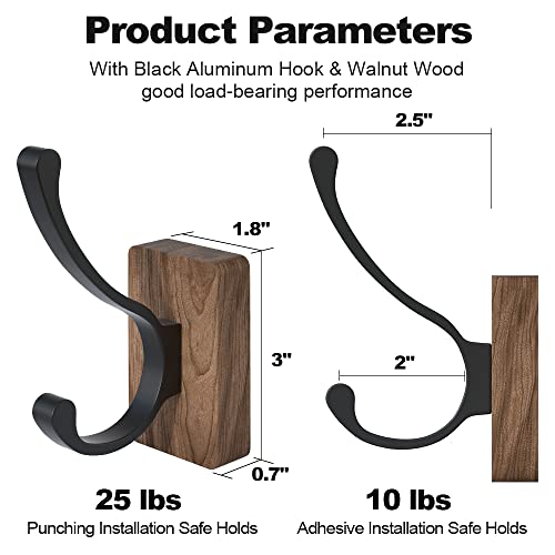 4 PCS Black Walnut Wood Wall Hooks Adhesive Mounted & Wall Mounted Rustic Decorative Entryway Hooks Mid Century Modern Natural Wooden Pegs for Hanging Coat Clothes Hat Bag Purse and Towel (4 Count)