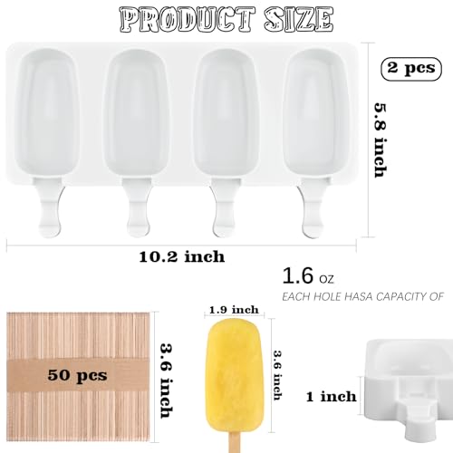 2 Pack 4 Cavity Popsicle Silicone Molds with 50 Wooden Sticks (2 Count of 1.6 ounces)