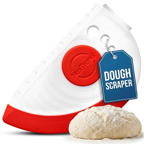 red 5-in-1 flexible dough and bowl scraper with stainless-steel edge and integrated ruler