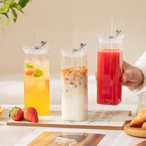 12 Sets Square Drinking Glass Cups with Lids & Straws