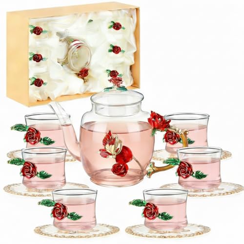 13 Pcs Glass Tea Set Rose Floral Vintage Teapot and Cups