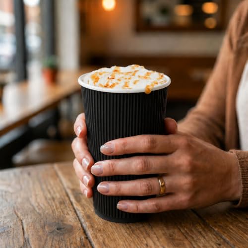 Ripple Wall Coffee Cups 500 Count 16 Ounce Insulated Black Paper Cups