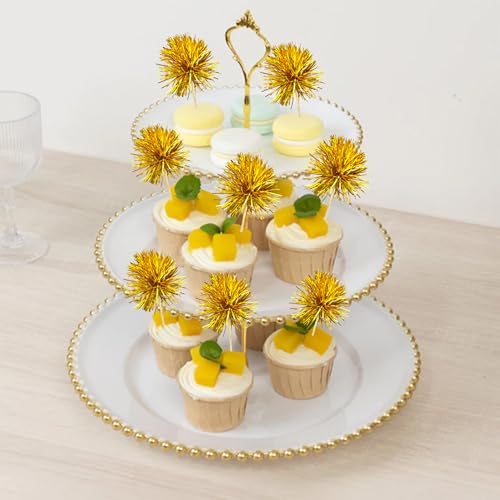 30Pcs Foil Firework Cupcake Toppers Sparkles Fireworks Sticks Birthday Decorations Sparkle Tinsel Cocktail Fruit Toothpick for Birthday Wedding Graduation Party Cake Decorations Gold (30 Count)