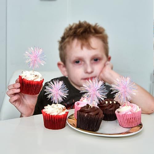 30Pcs Foil Firework Cupcake Toppers Sparkle Tinsel Cake Toppers Tinsel Drink Cake Decoration Cocktail Picks for Birthday Wedding Graduation Party Supplies Laser Pink (30 Count)