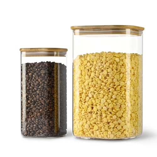 149oz 50oz Airtight Glass Square Storage Canister with Bamboo Lid Set of 2 (2 Count)